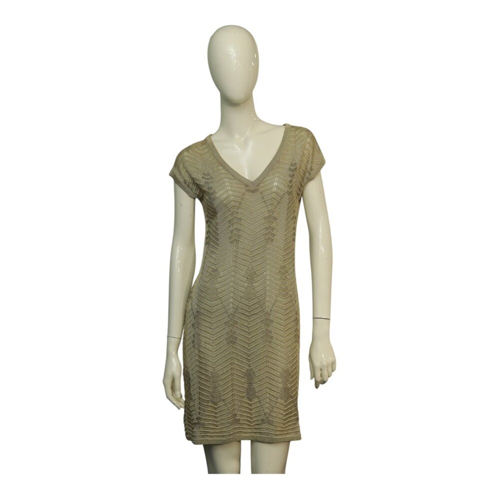 Missoni Gold Shiny Cap Sleeves V Neckline Mini length Knit Dress Size 42